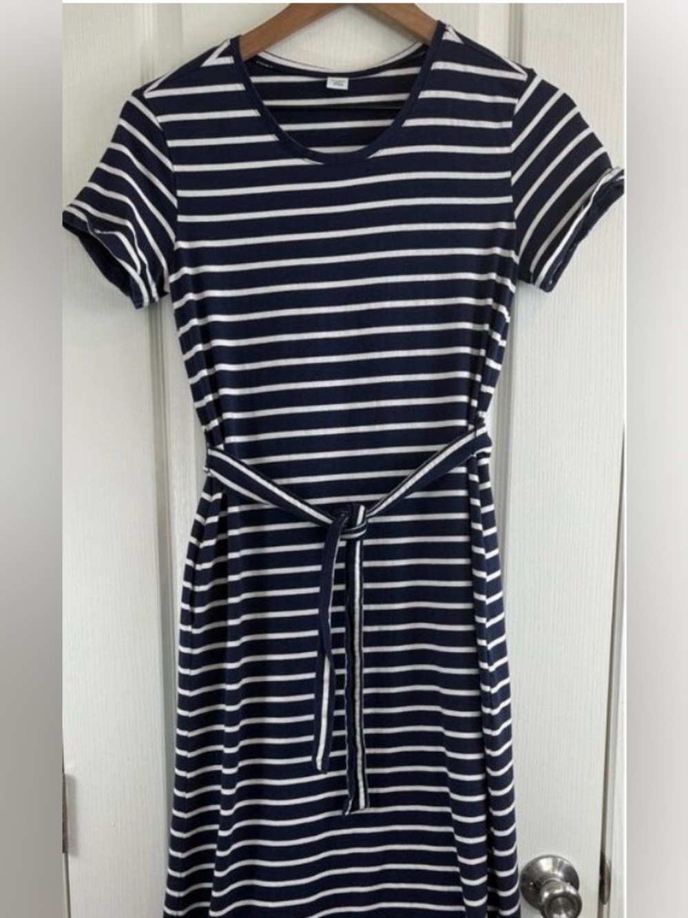 Old Navy Women's Striped Tie Belt Shift T-Shirt Dress Navy Blue White Size XS